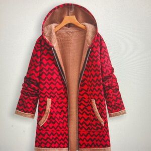 Red and Black Hooded Women's Coat